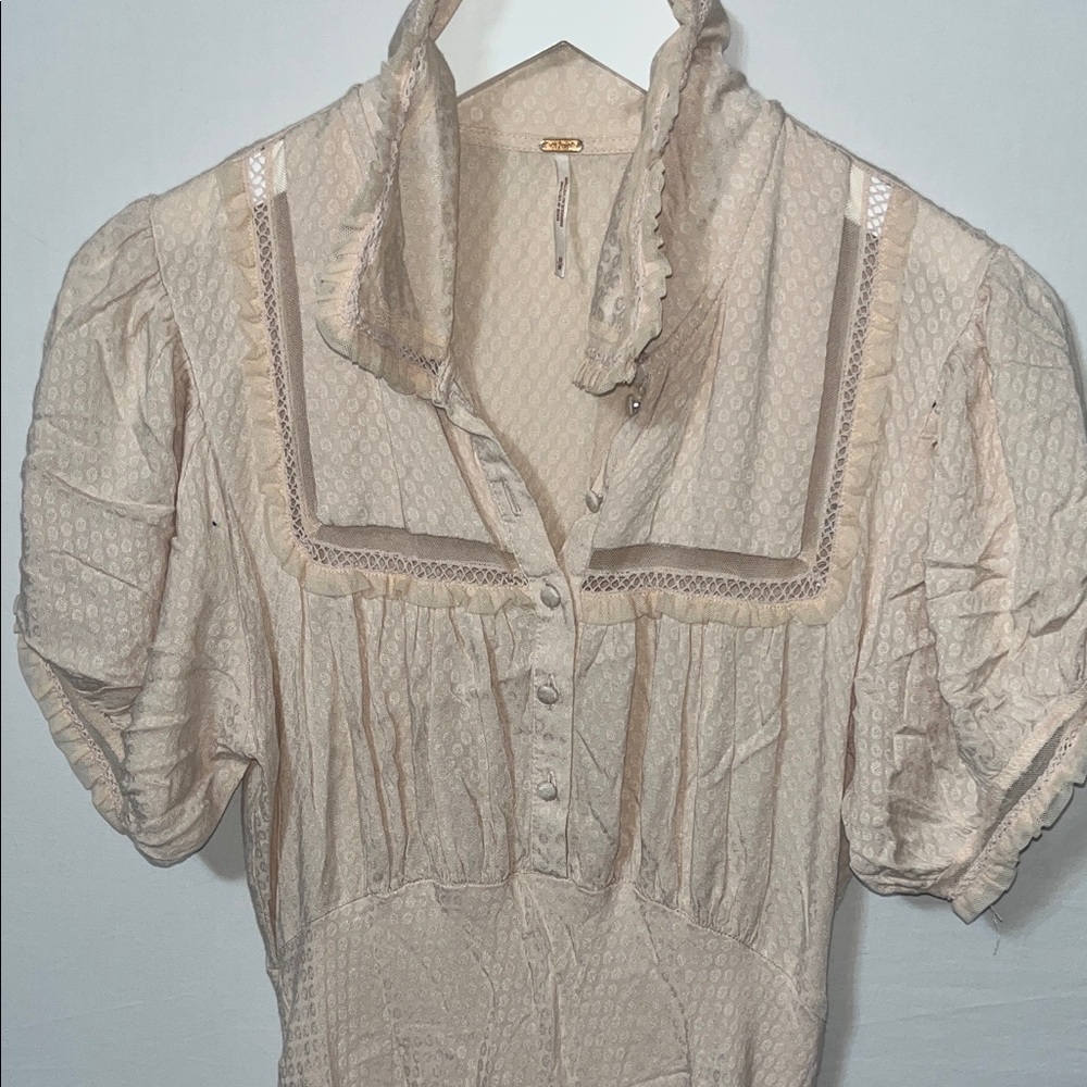 Free People Petal Bloom Puff Sleeve Mini Dress Ruffle Lace Details Buttons